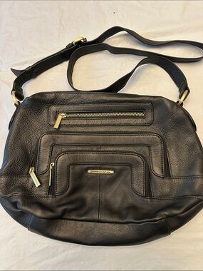 Stone Mountain Black Pebbled Leather Shoulder Bag with Gold Hardware